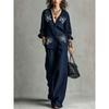 Women 2 Piece Outfit Butterfly Embroidery Lapel Shirt Wide Leg Pants Casual Loose Two‑Piece Set