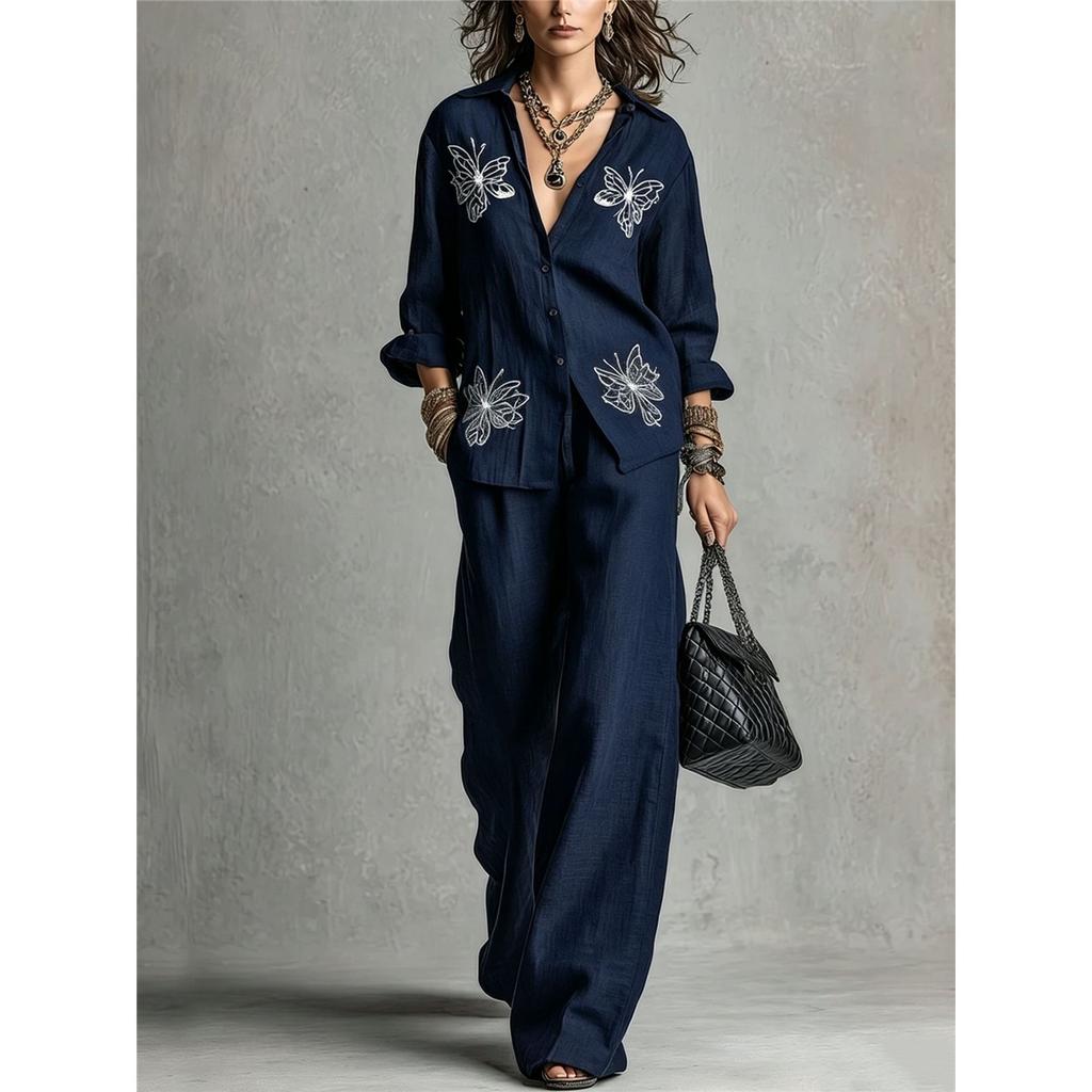 Women 2 Piece Outfit Butterfly Embroidery Lapel Shirt Wide Leg Pants Casual Loose Two‑Piece Set