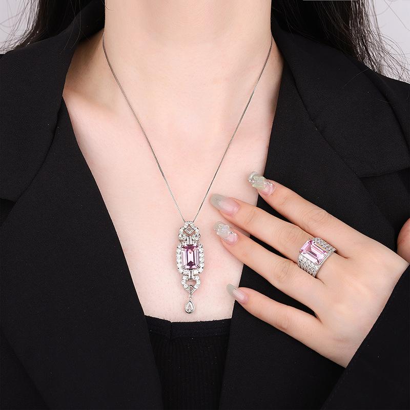 Jewelry Copper Bottom Gold-Plated Simulation Pink Diamond Small Fresh Temperament Set Pendant Ring 10 * 14