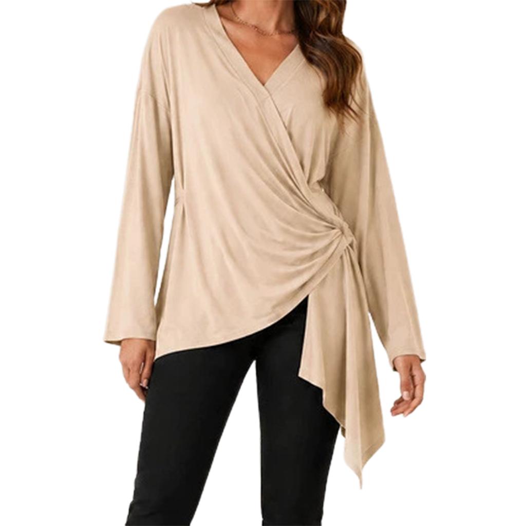 Women's Elegant V Neck Long Sleeve Top Color Casual Blouse for Everyday Wear