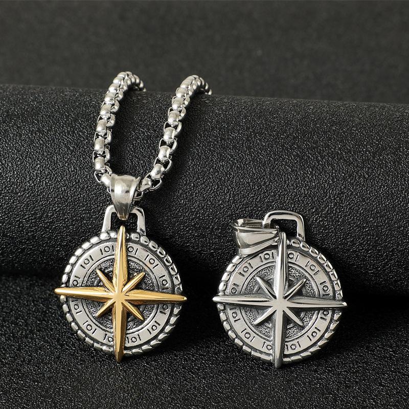 Two Tone Compass Pendant men's Necklace Stainless Steel Retro Hip-hop Style Copper Color Neck Chain Fashion Jewelry