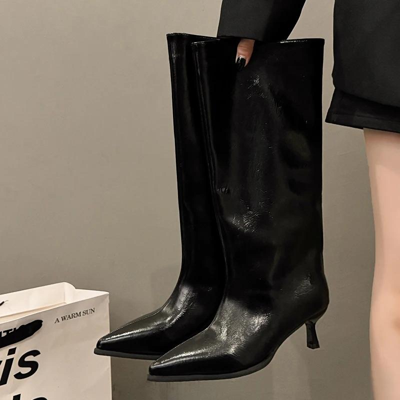 Winter Thin Low Heels Women Knee-High Boots Sexy Pointed Toe Stripper Party Shoes Ladies Elegant Wide Tube Long Booties Big Size