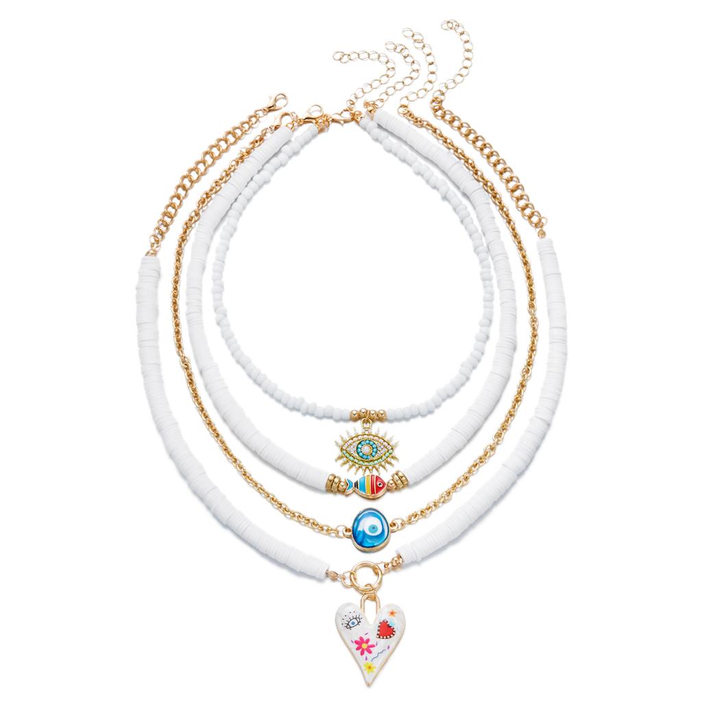 Boho Flower Evil Eye Beads Pendant Necklace for Women Lucky Heart Rhinestone Heishi Beads Multi-layer Chain Party Jewelry Gift