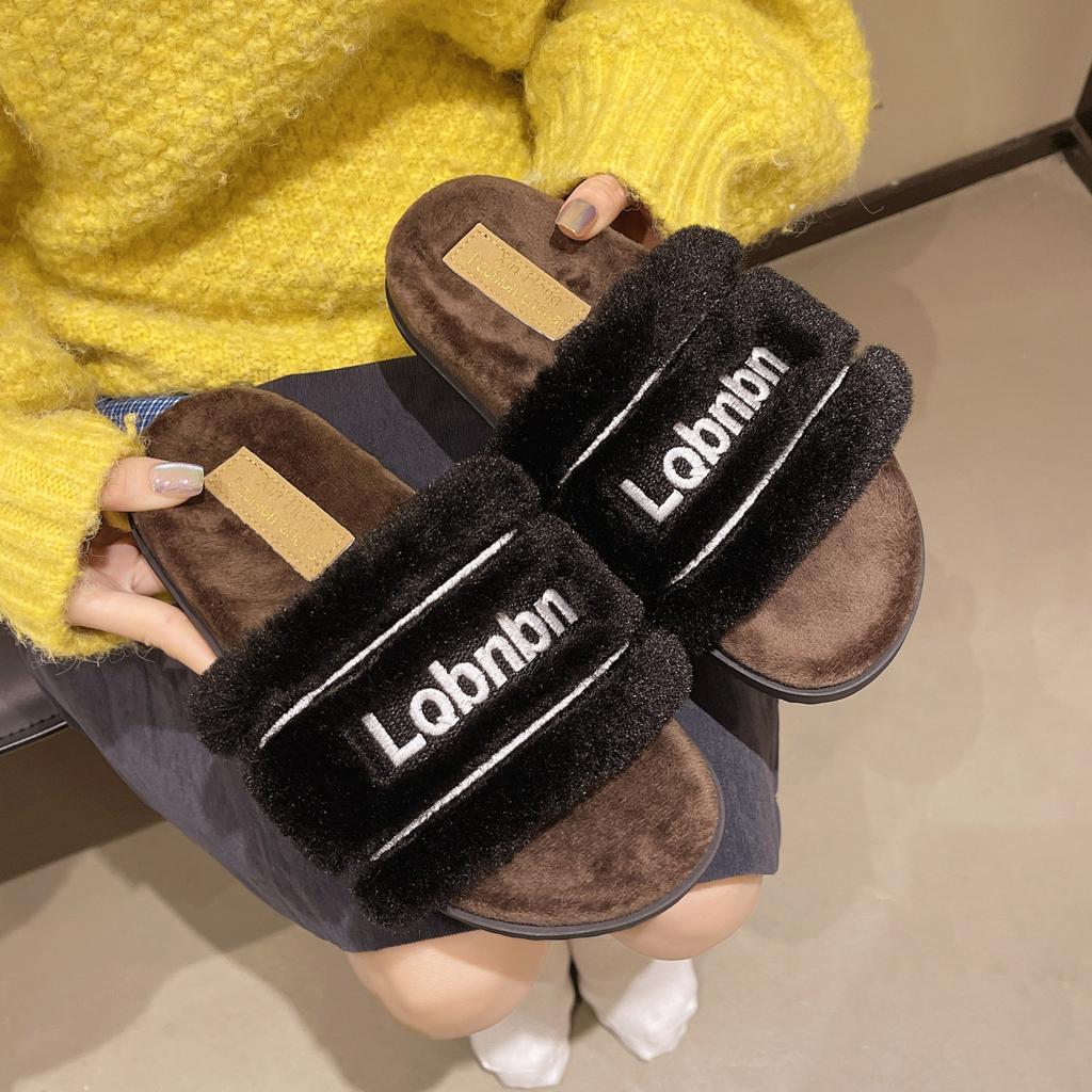 One-word Open-toed Fluffy Slippers for Women, New Autumn and Winter Letters, Round Head, Comfortable and Versatile Flat-bottomed Slippers for Women