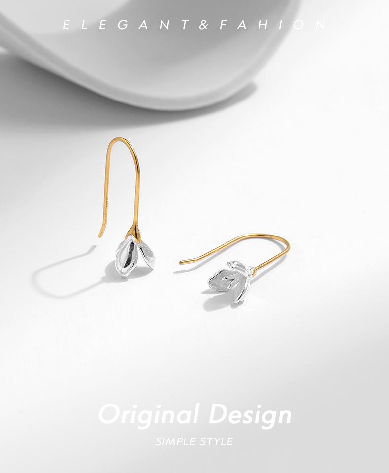 Sterling Silver Magnolia Ear Hook Earrings - Niche Design, Fresh and Sweet Studs