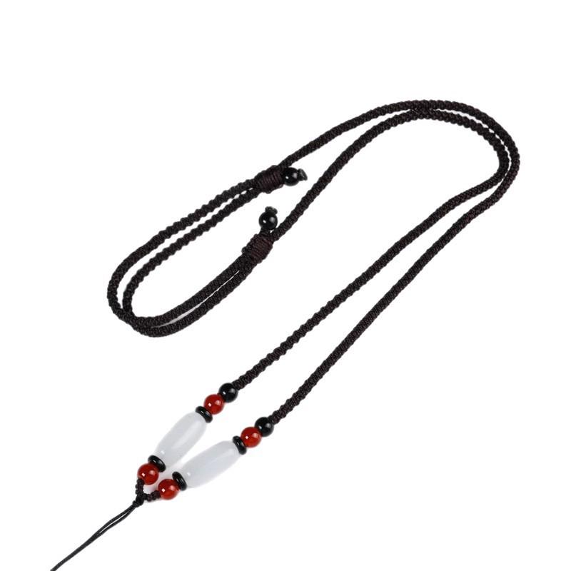 Adjustable Unisex Agate Jadeite Jade Pendant Necklace with Cinnabar Rope