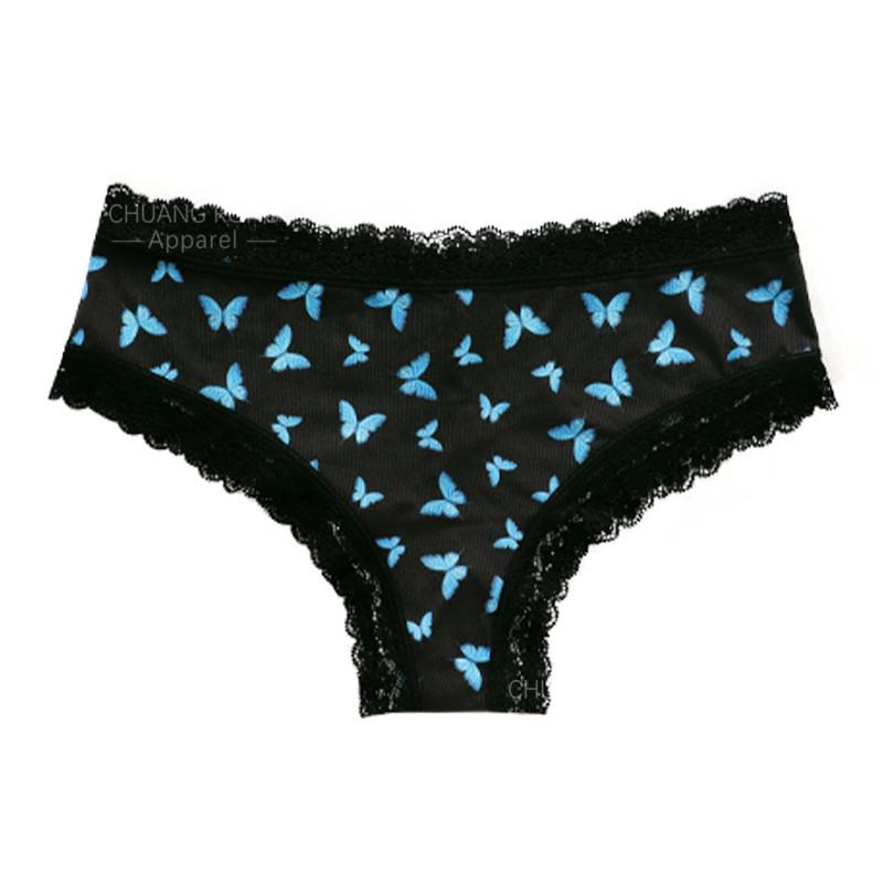 

Foreign trade butterfly printing underwear lace edge exquisite and sweet girl pure cotton crotch seamless non-buttock briefs XL