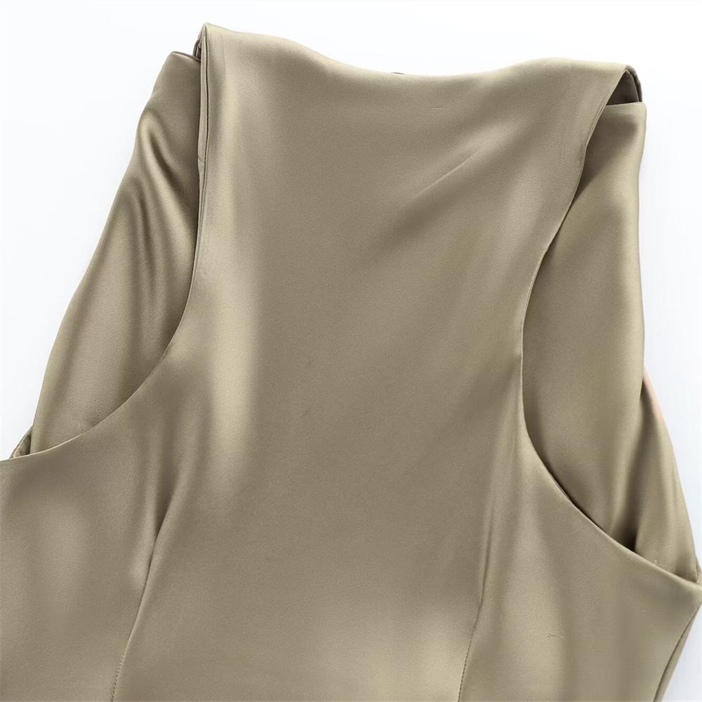 2024 Summer New Women's Fashion Style Slim Fit Sleeveless Silk Texture Midi Dress