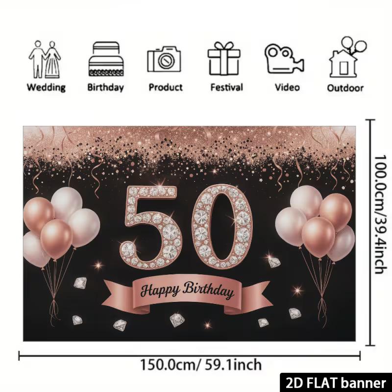 2D Black Rose Gold 50th Birthday Backdrop - Luxury Diamond Number 50 Banner for Women 50th Birthday Photoshoot