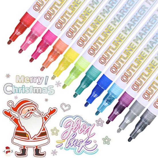 Dual-Tip Metallic Outline Pens Fluorescent Marker with Colorful Borders Smooth Tip Highlighters for Cards Crafts & Notes