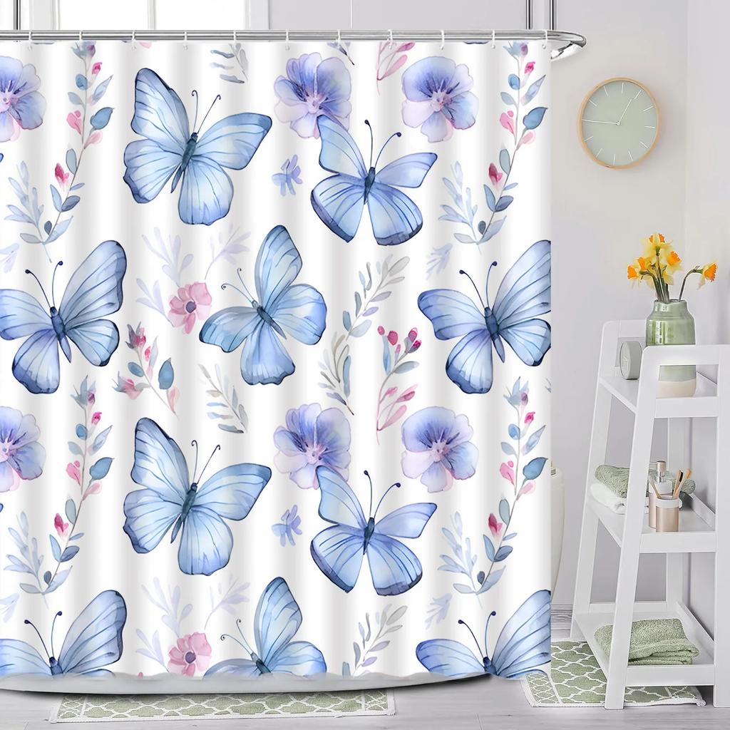 Butterfly Shower Curtain, Spring Flower Watercolor Farm Daisy Purple Flower Modern Simple Aesthetic Printed Bathroom Decoration