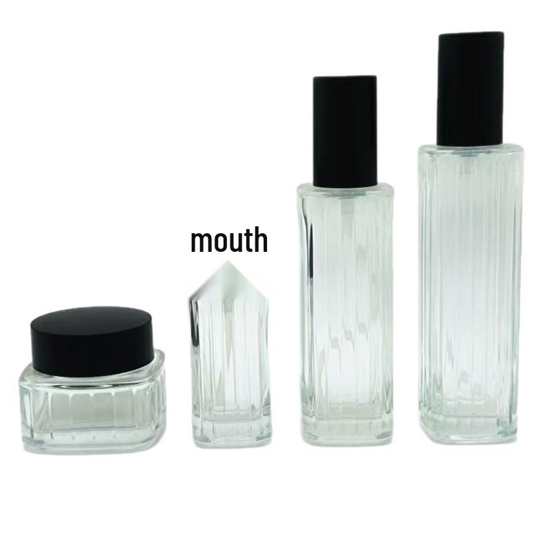 Transparent Striped Bottle Set: 120ml Essence, 100ml Toner, 40ml Foundation, 50g Cream.