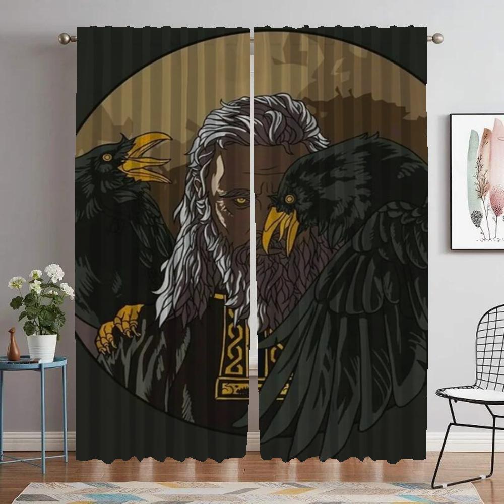 Vikings Odins Ravens Muninn Kitchen Curtains for Living Room Partition Blackout Curtain for Room 2 Panel Halloween Decoration