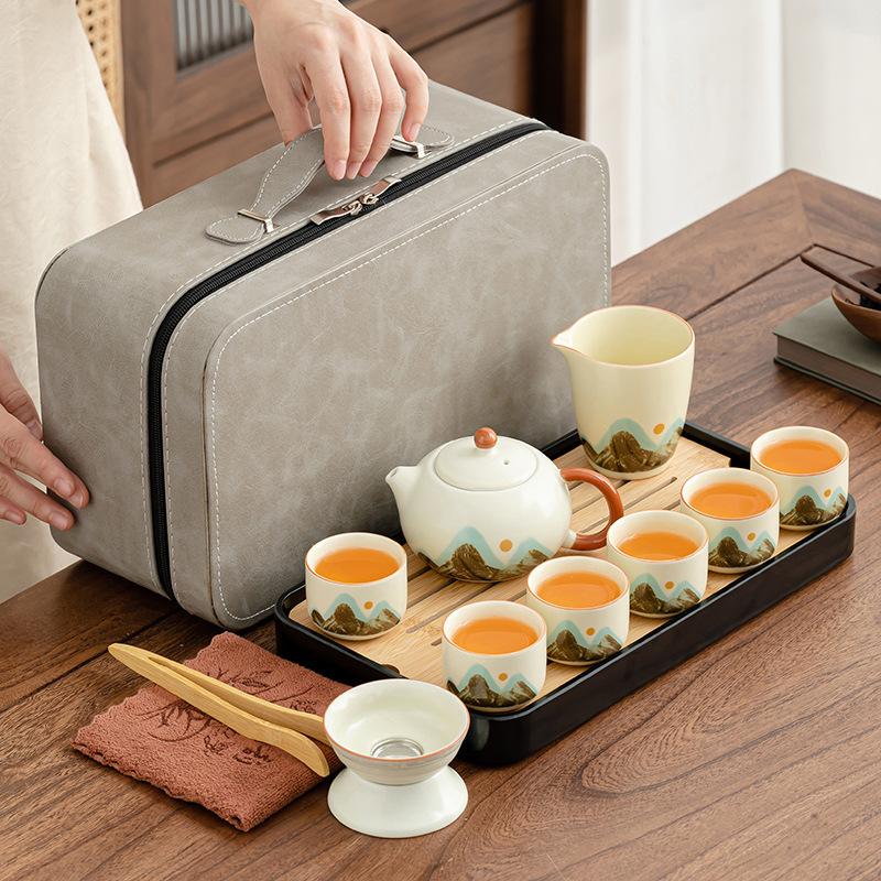 Retro Qingshan Ru Kiln tea set, high-end gift box for elders and leaders