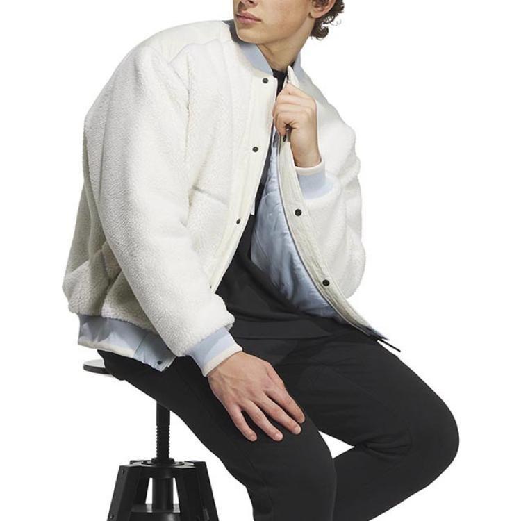 Adidas Velvet Jackets Men's Pink White Baseball Collar Thickened And Fleece Lined Unisex IL8917