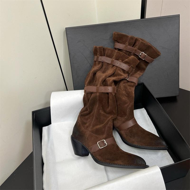 

Fashion Vintage Pleated Belt Buckle Faux Suede Women Knee High Boots Autumn Winter Fashion High heels Western Cowboy Knight Boots Shoes 35