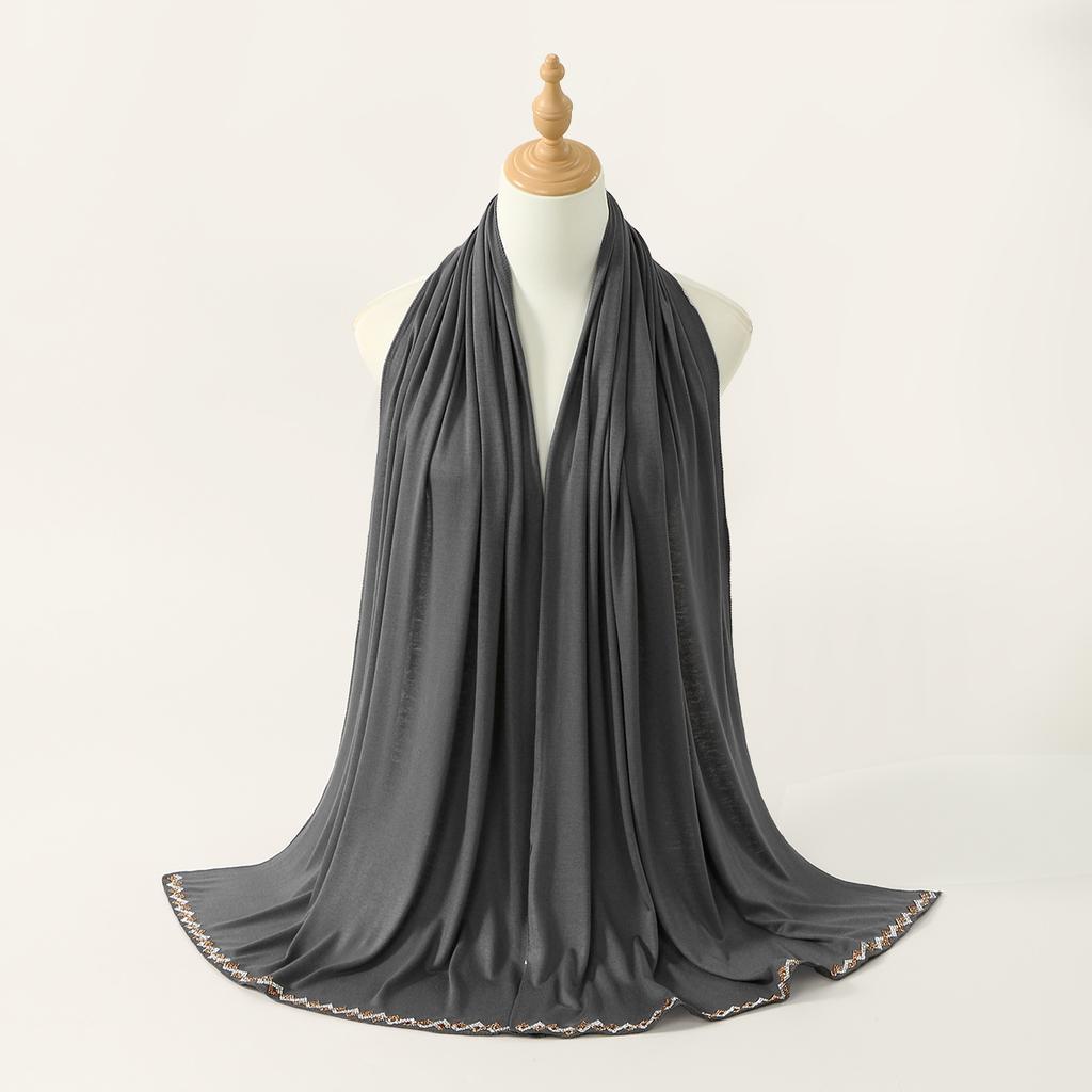 Ramadan Rhinestone Modal Cotton Jersey Hijabs For Woman Long Muslim Scarf Shawl Plain Soft Turban For Women Islamic Clothing