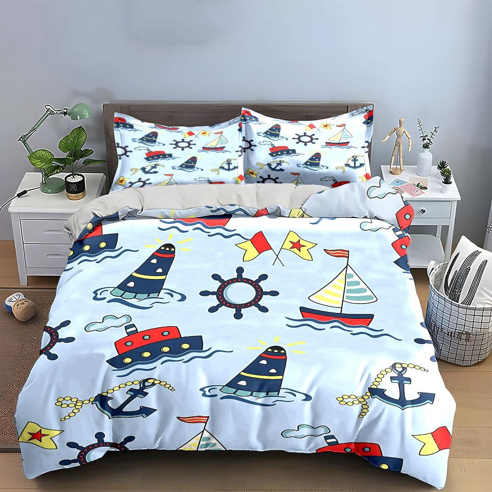 Nautical Pattern Light Blue Bedding Duvet Cover Set Duvet Cover Pillowcases  (1*Duvet Cover 2*Pillowcases, Without Duvet Insert)