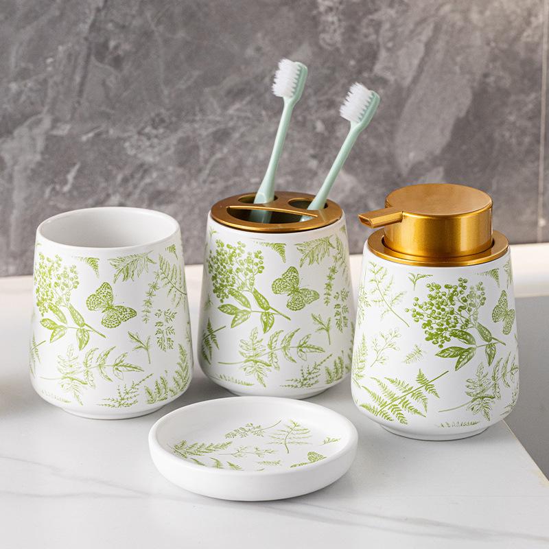 320ml Ceramic Lotion Bottle Green Leaf Wash Set Simple Shampoo Makeup Remover Water Storage Bottle Toothbrush Holder Soap Dish