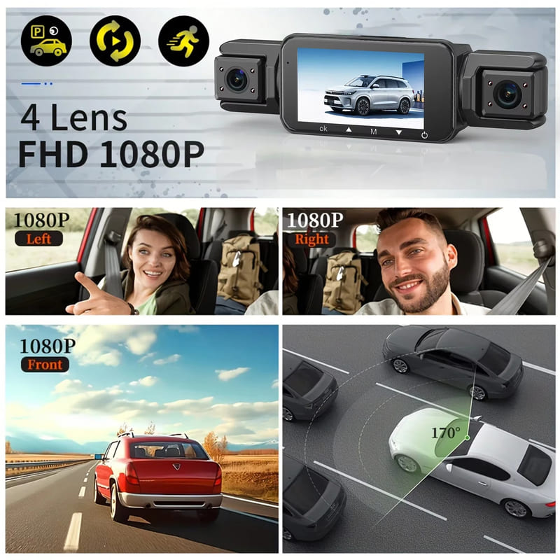 Dash Cam per auto a 4 canali Black Box con WIFI FHD 1080P Telecamera anteriore per guida Sinistra Destra Posteriore Visione notturna Registrazione in loop Accessori per auto