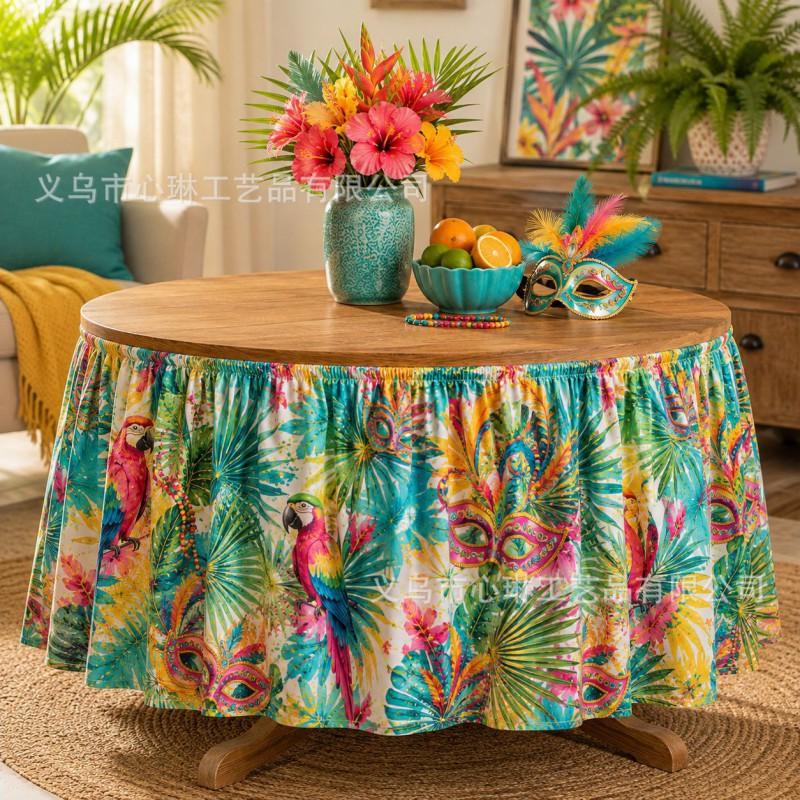 Tropical Plant Print Round Tablecloth Carnival Party Decor Festive Table Skirt In Geometric Abstract Design