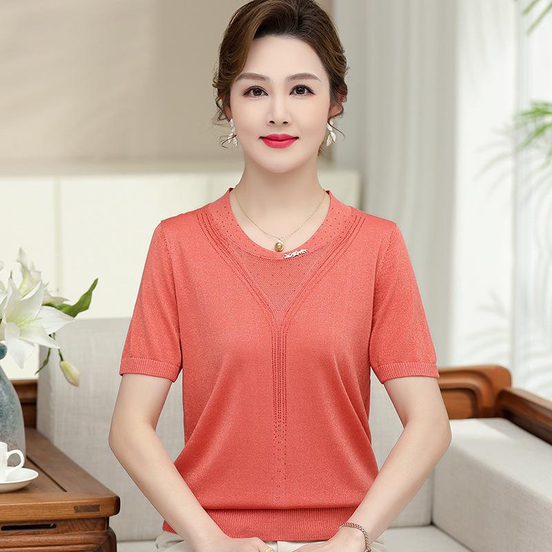 Stylish Ice Silk Knit Half-Sleeve T-shirt for Middle-Aged and Elderly Women