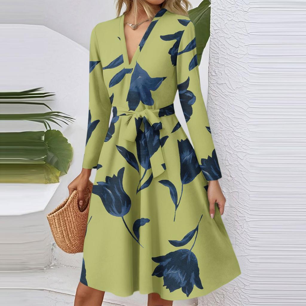 Women's Fashion Casual V-Neck Long Sleeve Waist Floral Print Midi Dress