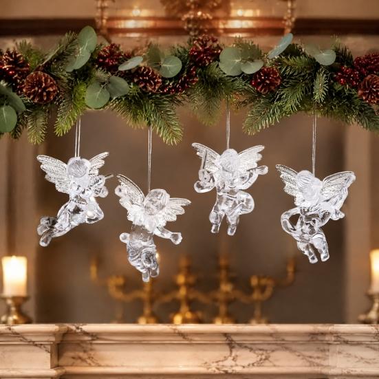 Holiday Party Hanging Decor 4Pcs Winged Angel Ornaments, Clear Figurines, Exquisite Gifts for Friends Christmas Tree Decor, Seasonal Home Supplies