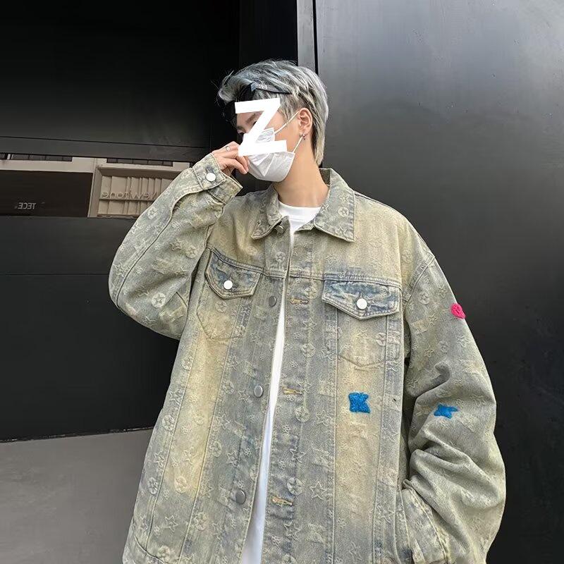 Men s Yellow-Brown Retro Washed Denim Jacket - Autumn Hiphop Style L