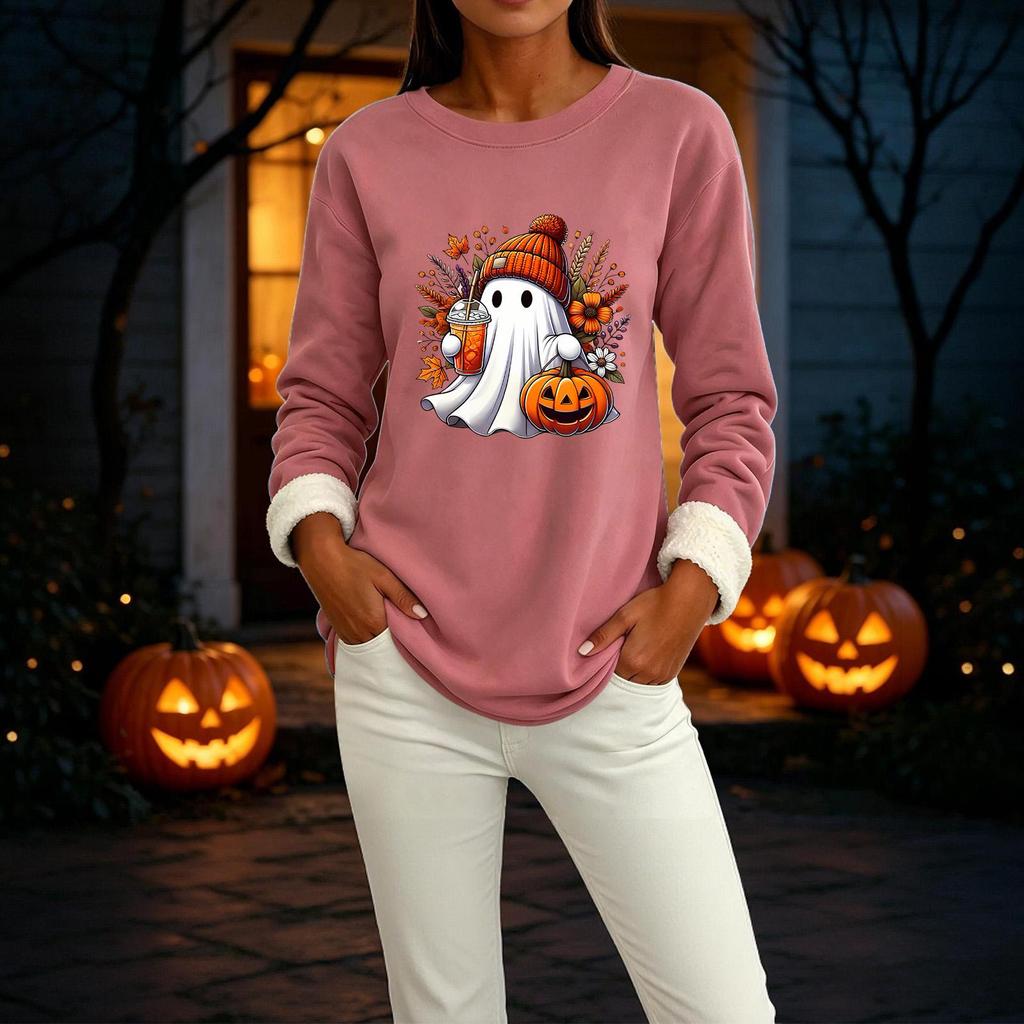 Women's Long Sleeve Pullover Round Neck Halloween Print Winter Casual Top