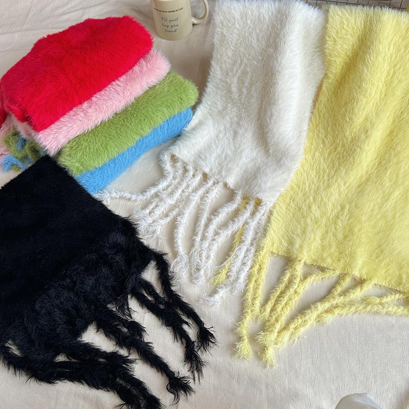 Luochi Knitting~Candy Color Plush Scarf: Soft, Skin-Friendly, Warm Tassels & Braids, Versatile Winter Neck Warmer for Women.