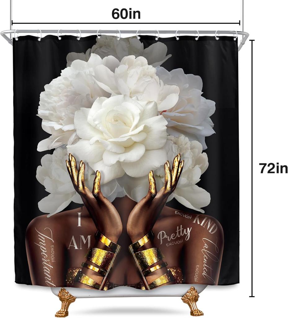 African American Shower Curtain, Black Gold Peony Floral, Modern Girly Quotes, Waterproof Polyester With Hooks