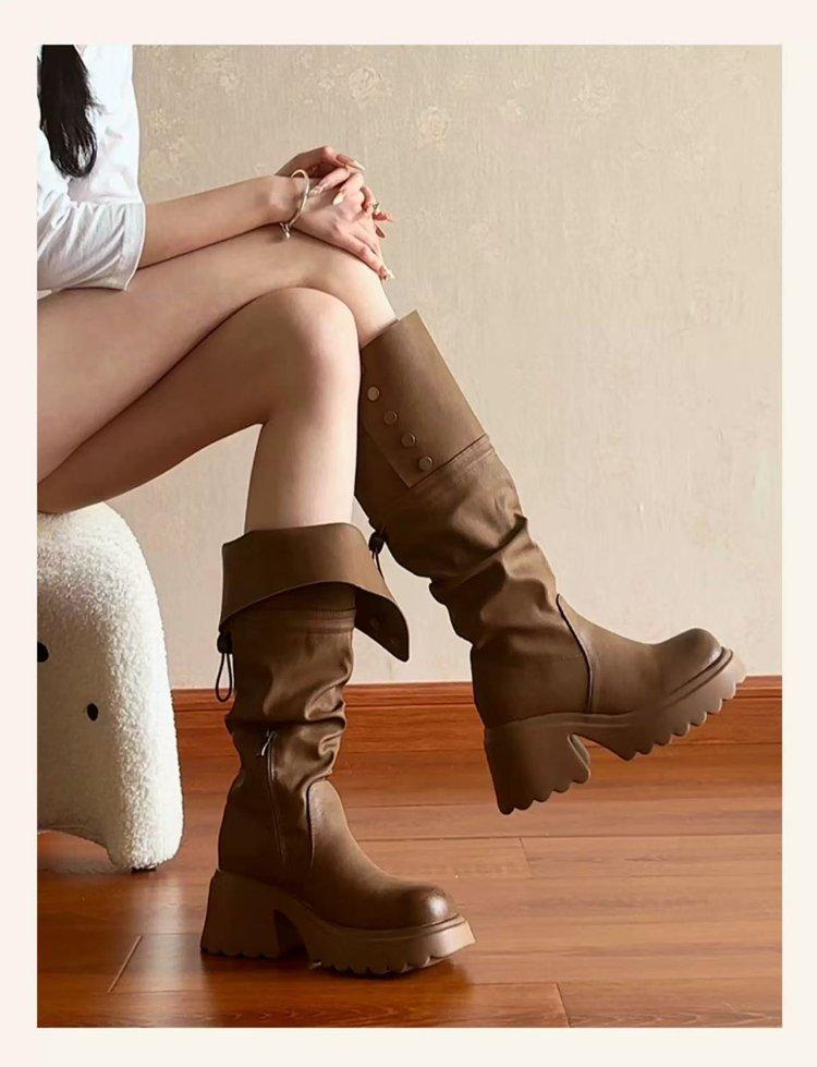 Fashion Pleated Thigh Boots Women's 2025 Autumn Winter Platform Knee-Free Small Tall Knight Boots