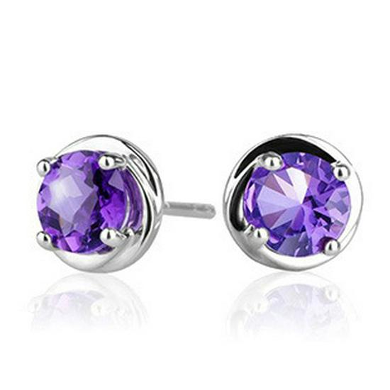S925 Sterling Silver Amethyst Round Four-Claw Crystal Stud Earrings
