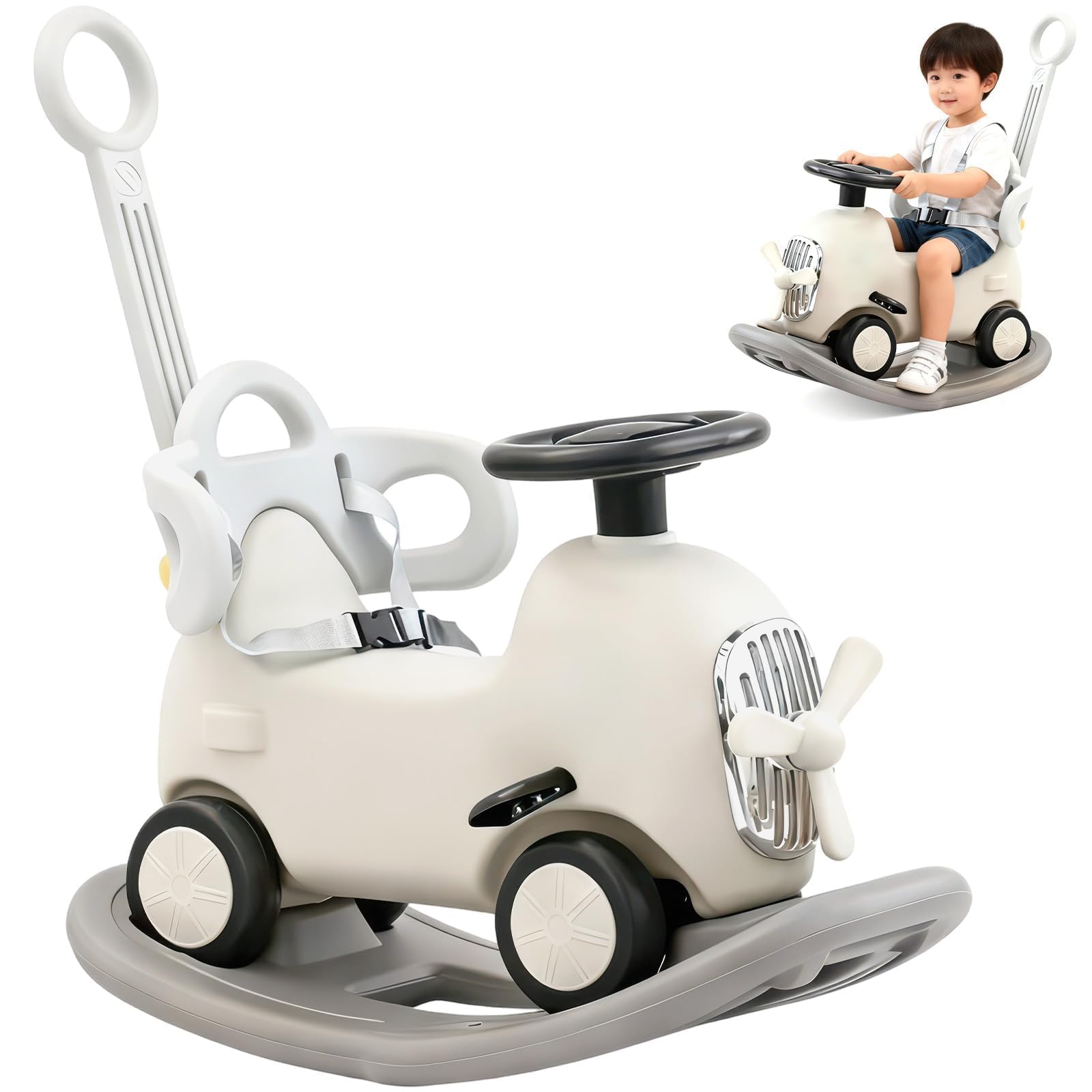 

4-in-1 Rocking Horse, Multifunctional Ride-On Toy with Push Handle, Foot-PoweredRocking HorseBalance BikePushcart, 2-Way IndoorOutdoor Play, Kids