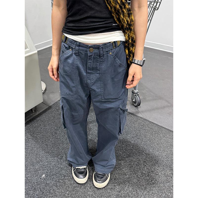 Unisex Retro Washed Cargo Pants: Straight Leg, Multi-Pocket, Distressed Streetwear L