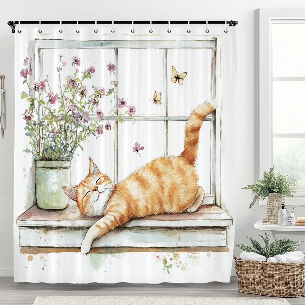 Cartoon Hipster Cat Shower Curtain - With Hooks, Easy To Clean, Adds a Quirky and Stylish Touch To Your Bathroom Decor Curtain