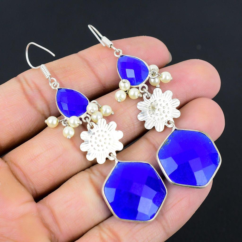 Halloween Deal 925 Sterling Silver Blue Sapphire Stone Dangle Birthday Earrings