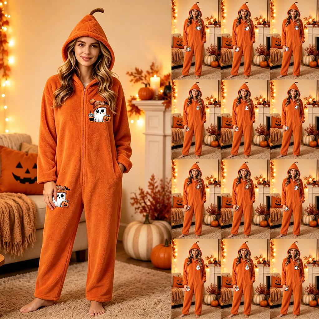 Damen Flanell-Schlafanzug-Set mit Halloween-Print für gemütliche Stunden