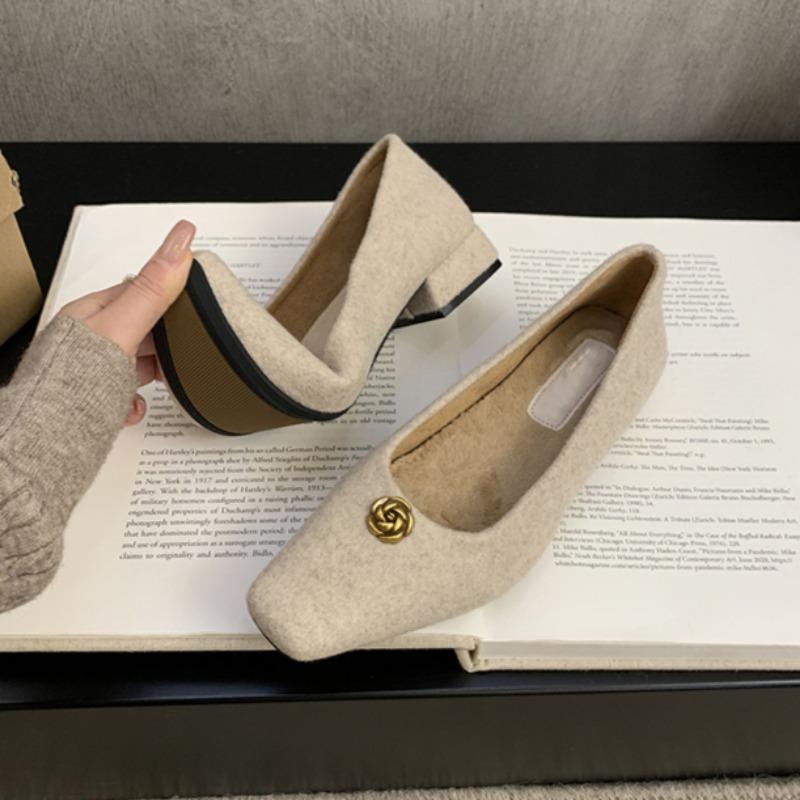 Spring New Low Heel Single Shoes Women's Fashion Square Head Shallow Mouth Suede Metal Buckle Non-slip Low Top Shoes