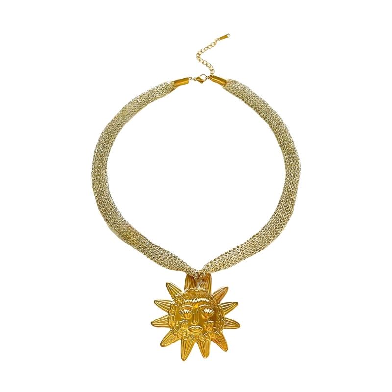

Trendy Oceanic Leaf Design Stainless Steel Necklace Sun Charm Pendant Soft Knit Chain Accessories for Daily Wear