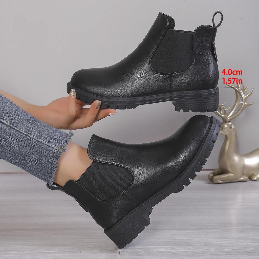 Fashion Women's Casual Chelsea Ankle Boots Round Toe Black PU Leather Short Boots Woman Comfort Low Heels Slip On Botas De Mujer 2024