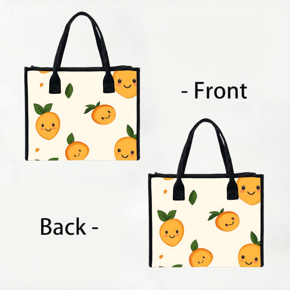 Cute Smiling Citrus Print Tote Bag Casual Daily Use Canvas Shoulder Handbag for Shopping Trip