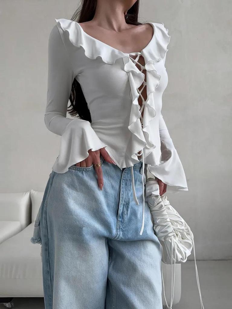 Europeisk & Amerikansk V-ringad Snörning Volang Klockärm Topp