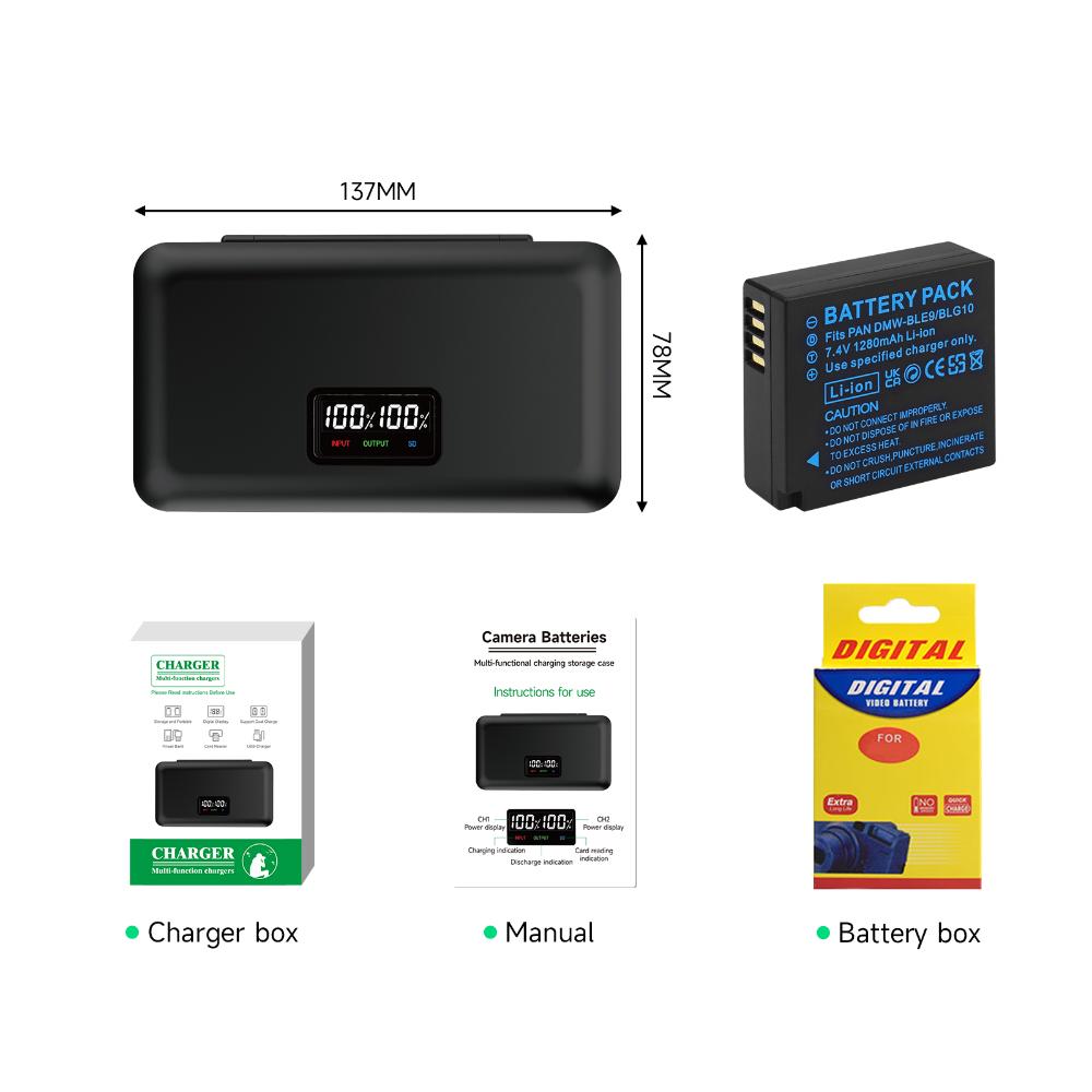 PALO Camera Battery Charger DMW-BLE9 LCD USB Dual Battery Charger with Camera Battery  for Panasonic DMC-GX7GK DMC-FG3GK GF3X DMC-LX100 DMC-GF4