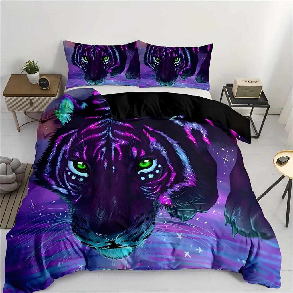 Purple Tiger Head Print Duvet Cover Tiger Beast Cyberpunk Style Wildlife Theme Bed Set Soft Comfortable Quilt Cover Pillowcases