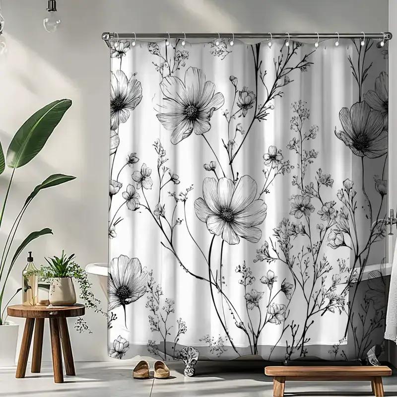 Minimalist Floral Shower Curtain Black Line Art Wildflower Pattern Modern Bathroom Decor Waterproof Printed Bath Curtain Home
