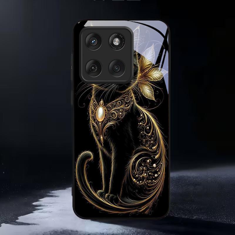 Mystic Golden Pearl Cat Black Glass Phone Case For Motorola Moto Edge 60 70 20 Lite 30 Pro 40 50 Ultra X30 Pro G14 G75 G84 Cover