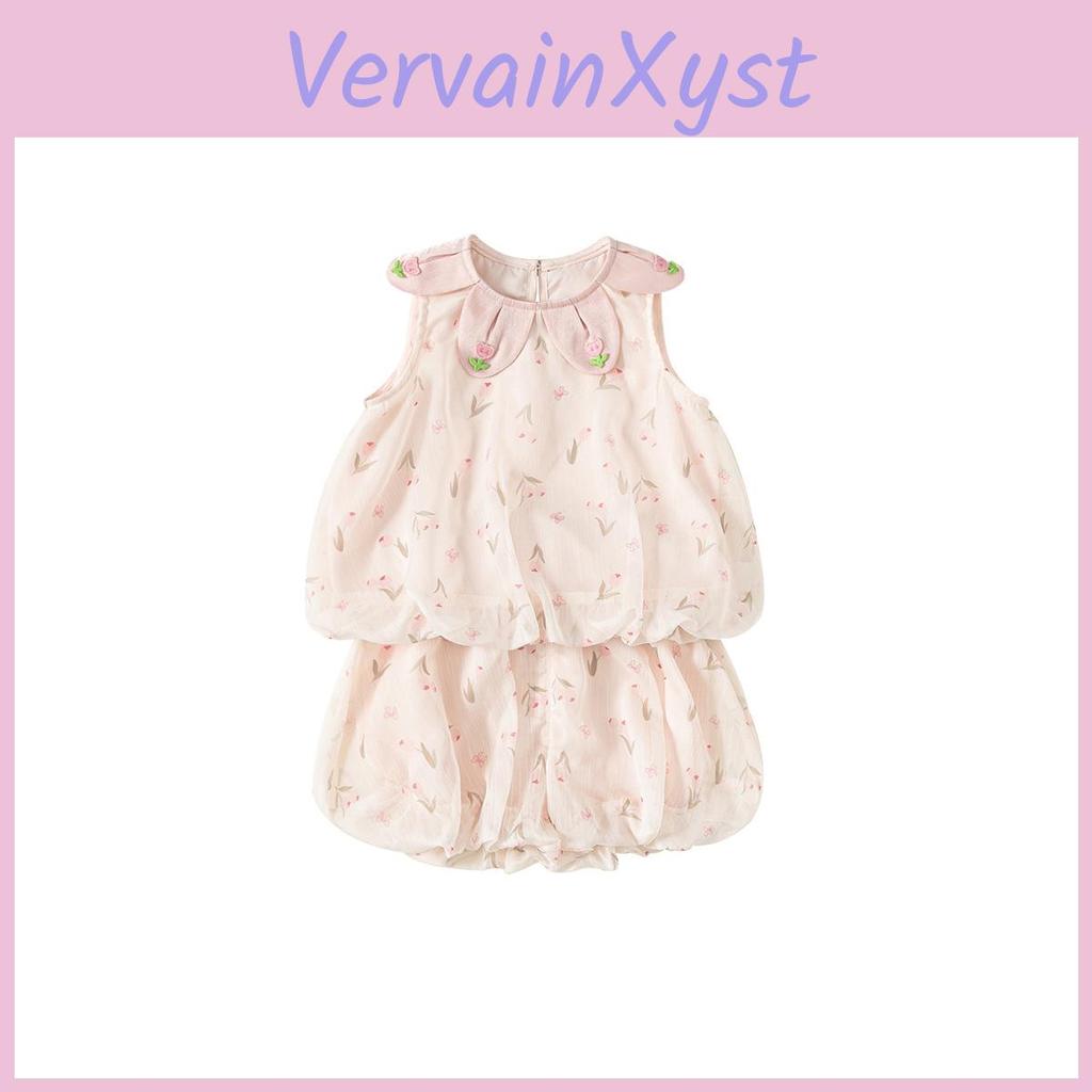 Girl Summer Flower Pattern Sleeveless Shorts Set For Kids 3 To 8 Years
