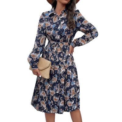 Long Sleeve Turn Down Collar Dress Women Casual Elegant Floral Print Button Belted Pleated Dress